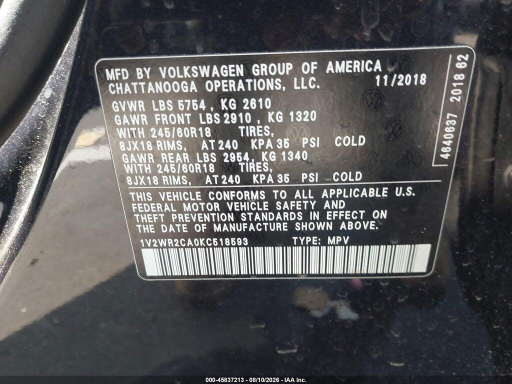 1V2WR2CA0KC518593 2019 VOLKSWAGEN ATLAS photo no. 9