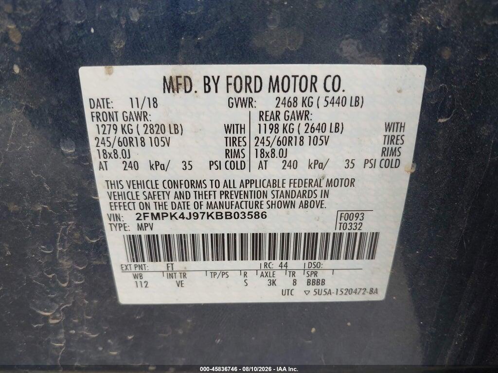 2FMPK4J97KBB03586 2019 FORD EDGE photo no. 9