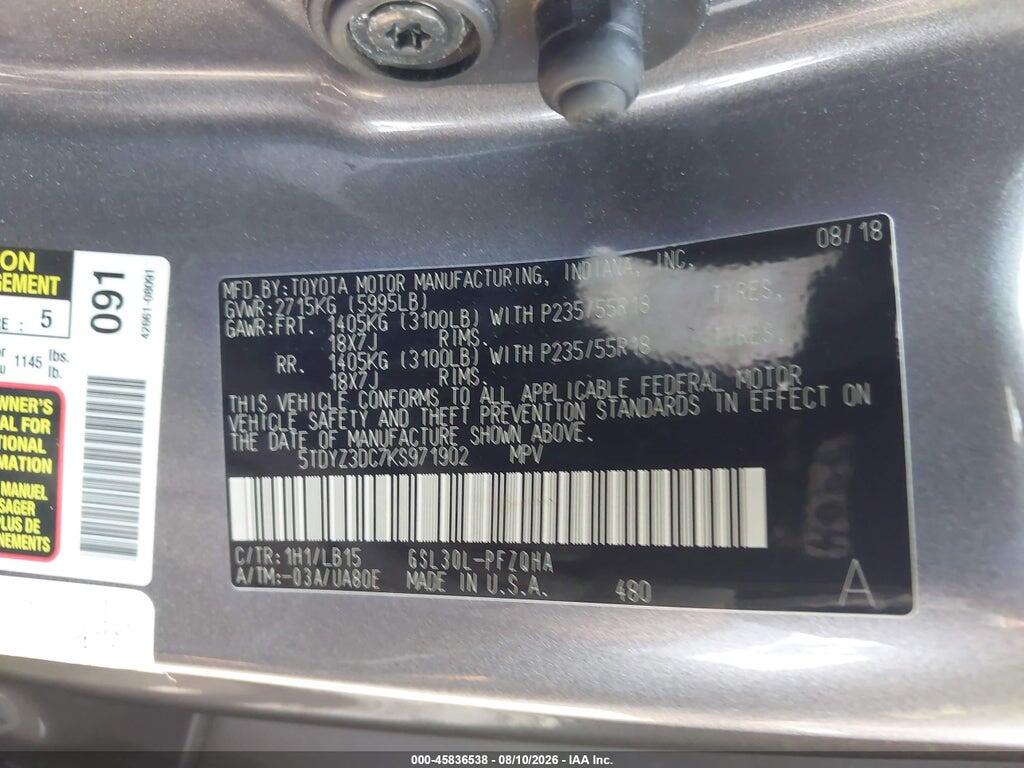 5TDYZ3DC7KS971902 2019 TOYOTA SIENNA photo no. 9