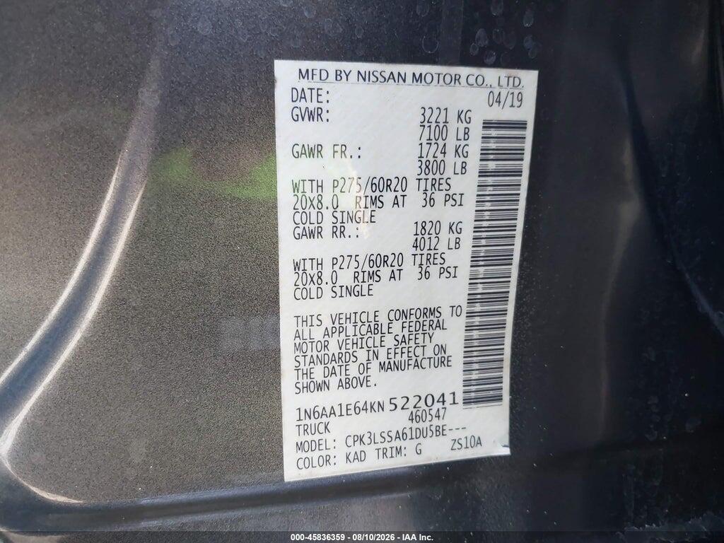 1N6AA1E64KN522041 2019 NISSAN TITAN photo no. 9