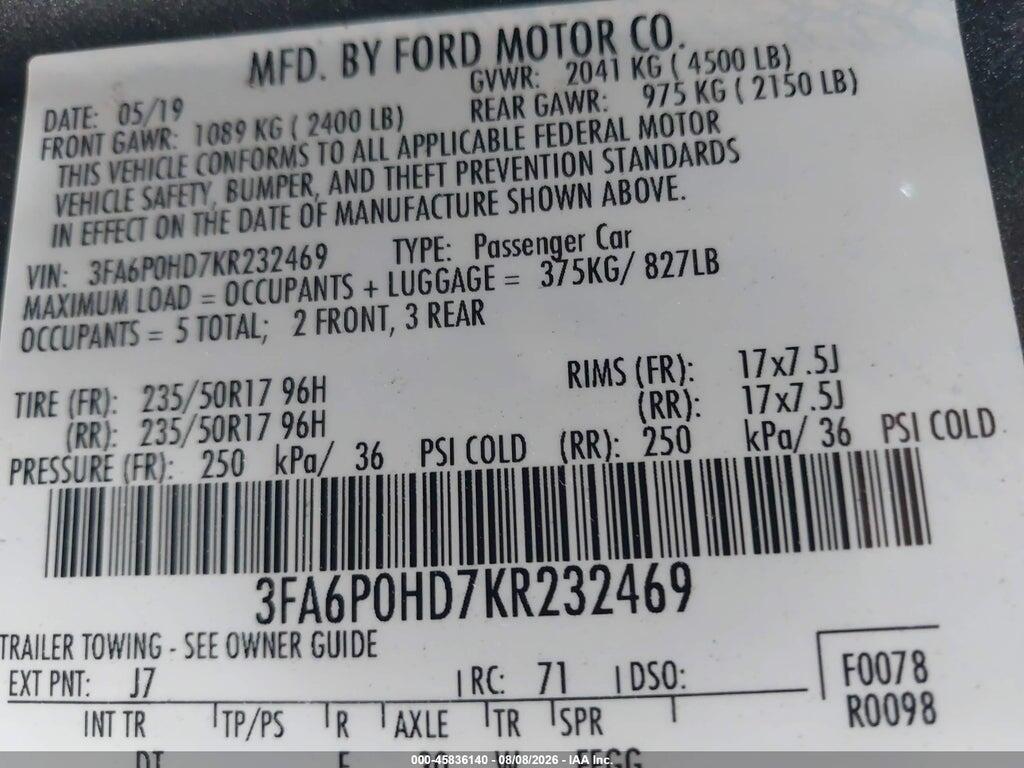 3FA6P0HD7KR232469 2019 FORD FUSION photo no. 9
