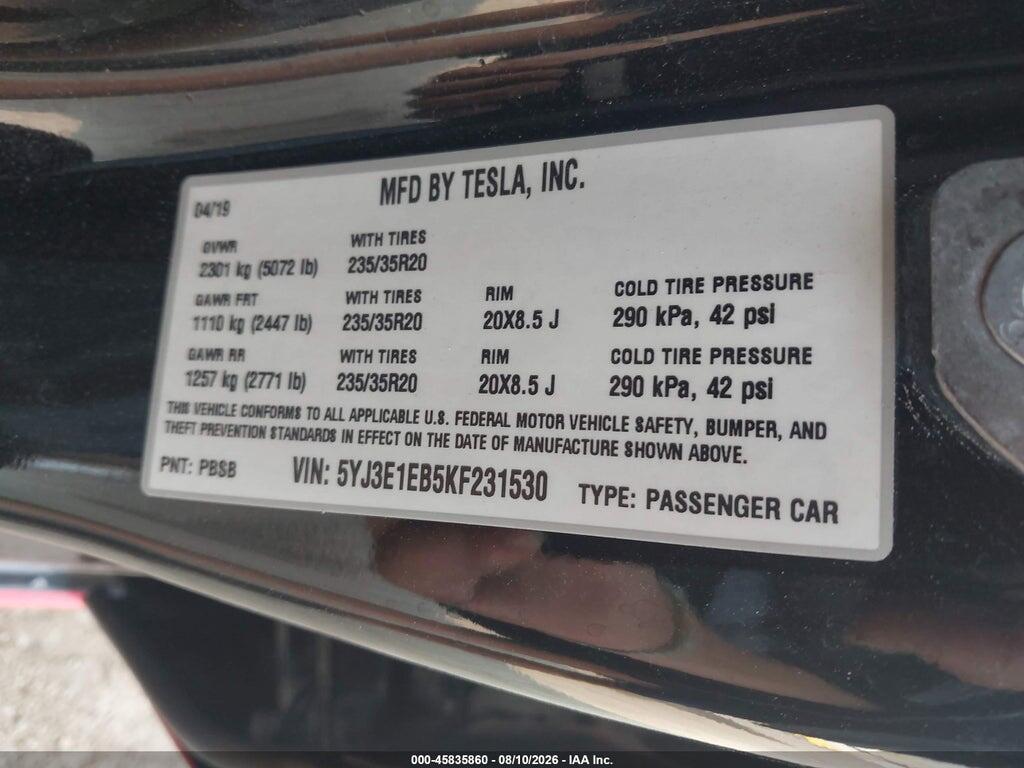 5YJ3E1EB5KF231530 2019 TESLA MODEL 3 photo no. 9
