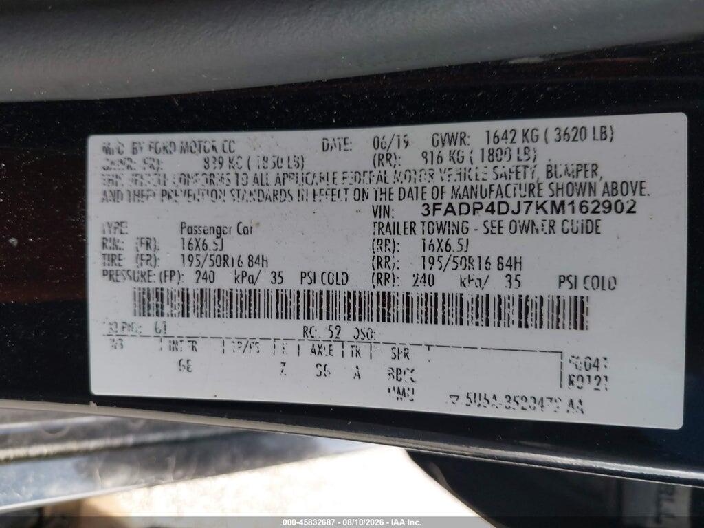 3FADP4DJ7KM162902 2019 FORD FIESTA photo no. 9