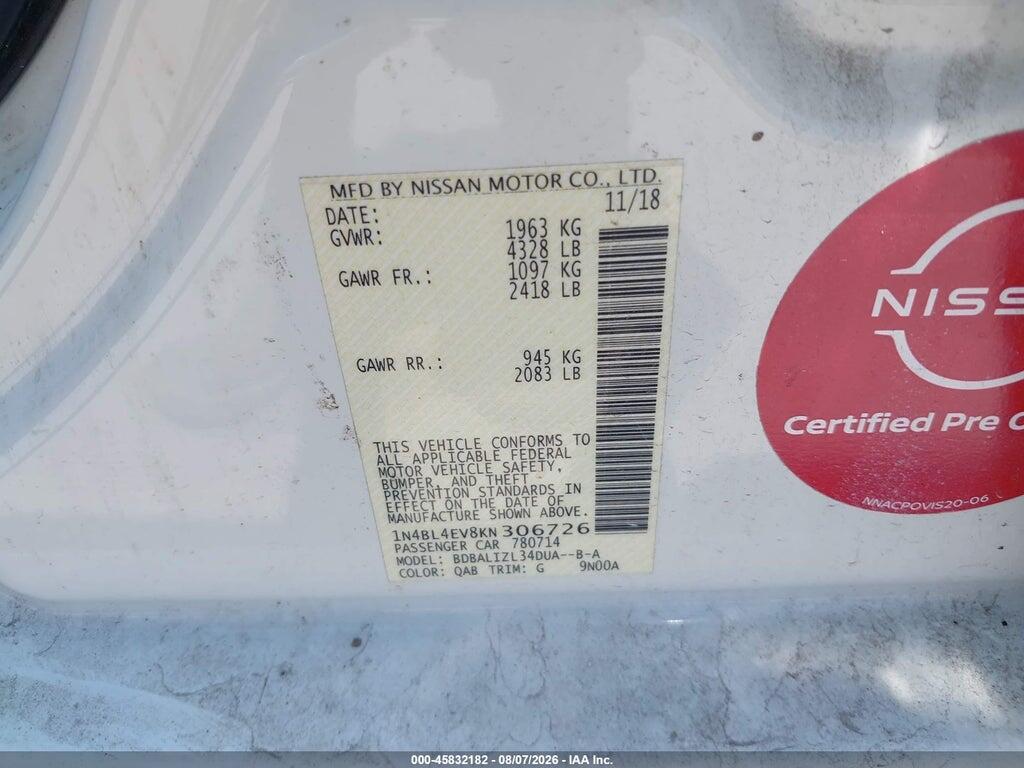 1N4BL4EV8KN306726 2019 NISSAN ALTIMA photo no. 9