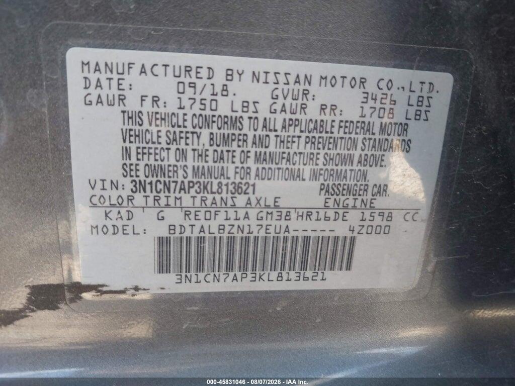 3N1CN7AP3KL813621 2019 NISSAN VERSA photo no. 9