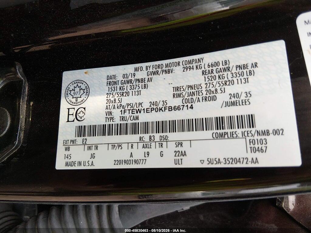 1FTEW1EP0KFB66714 2019 FORD F-150 photo no. 9