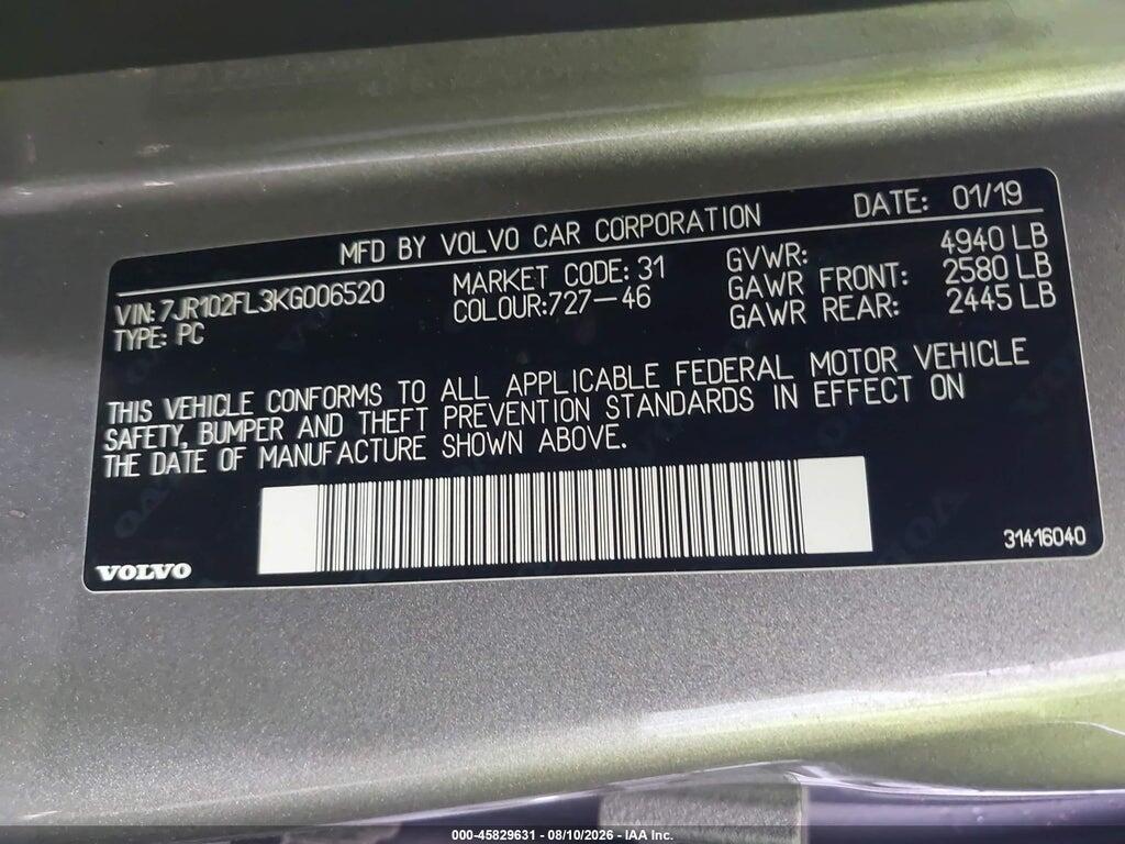 7JR102FL3KG006520 2019 VOLVO S60 photo no. 9