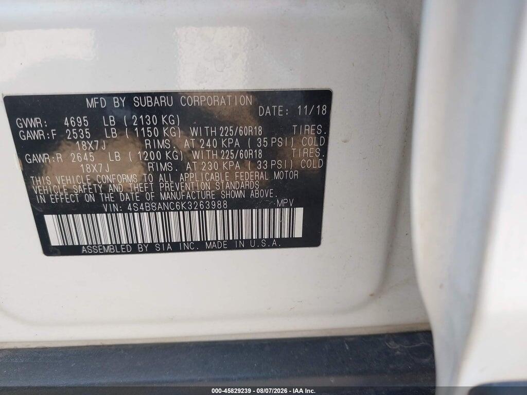 4S4BSANC6K3263988 2019 SUBARU OUTBACK photo no. 9