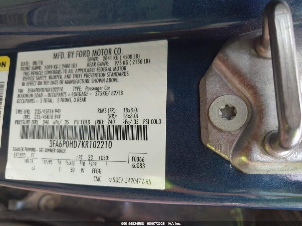 3FA6P0HD7KR102210 2019 FORD FUSION photo no. 9