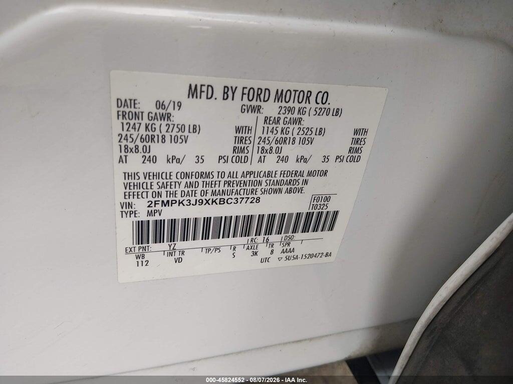 2FMPK3J9XKBC37728 2019 FORD EDGE photo no. 9