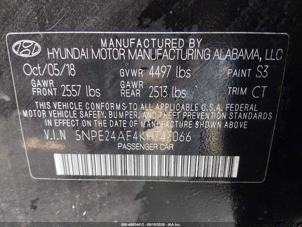 5NPE24AF4KH747066 2019 HYUNDAI SONATA photo no. 9