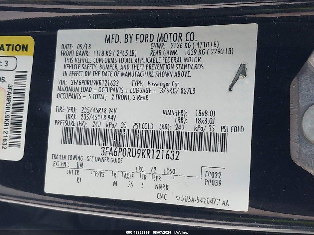 3FA6P0RU9KR121632 2019 FORD FUSION HYBRID photo no. 9