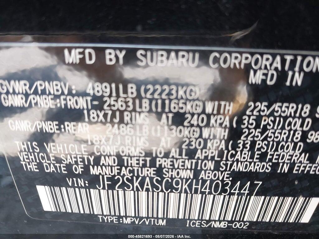 JF2SKASC9KH403447 2019 SUBARU FORESTER photo no. 9