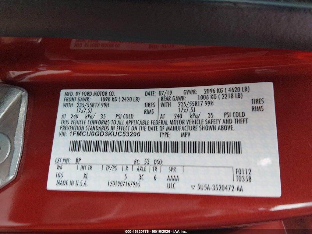 1FMCU0GD3KUC53296 2019 FORD ESCAPE photo no. 9
