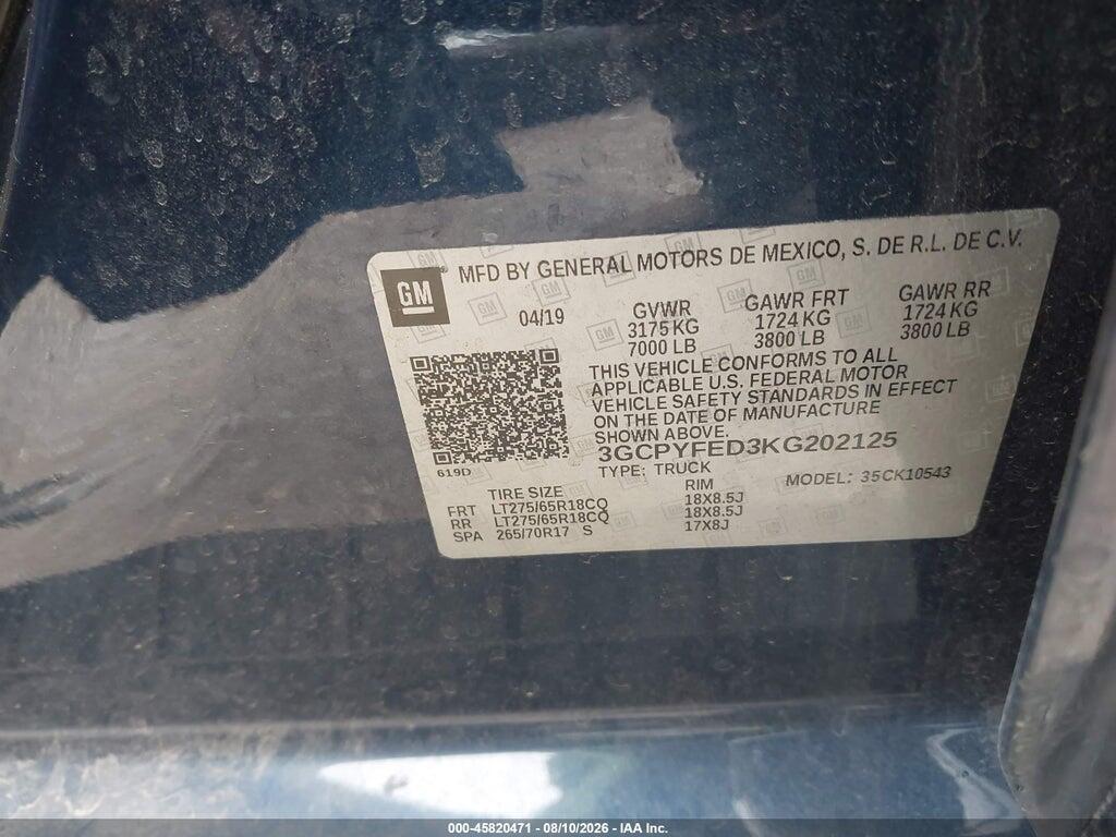3GCPYFED3KG202125 2019 CHEVROLET SILVERADO 1500 photo no. 9