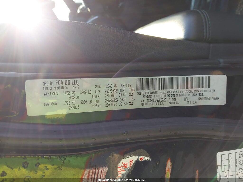 1C4RDJDG0KC722112 2019 DODGE DURANGO photo no. 9