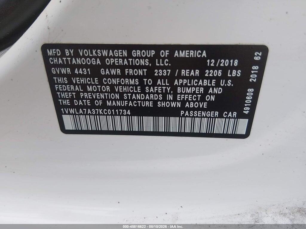 1VWLA7A37KC011734 2019 VOLKSWAGEN PASSAT photo no. 9