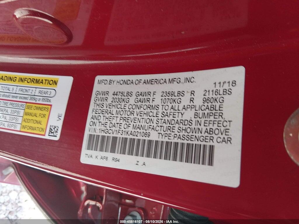 1HGCV1F31KA021069 2019 HONDA ACCORD photo no. 9