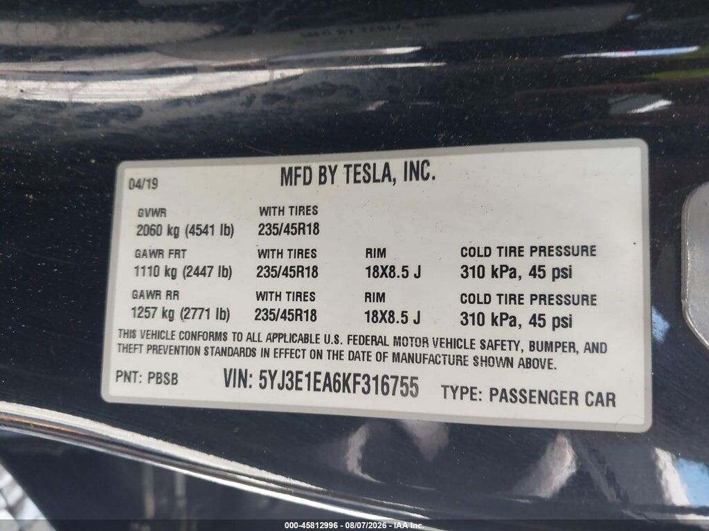5YJ3E1EA6KF316755 2019 TESLA MODEL 3 photo no. 9