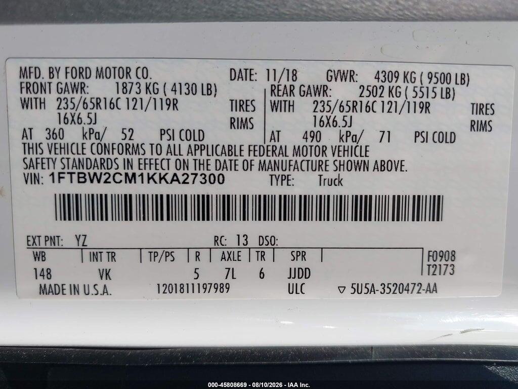 1FTBW2CM1KKA27300 2019 FORD TRANSIT-350 photo no. 9