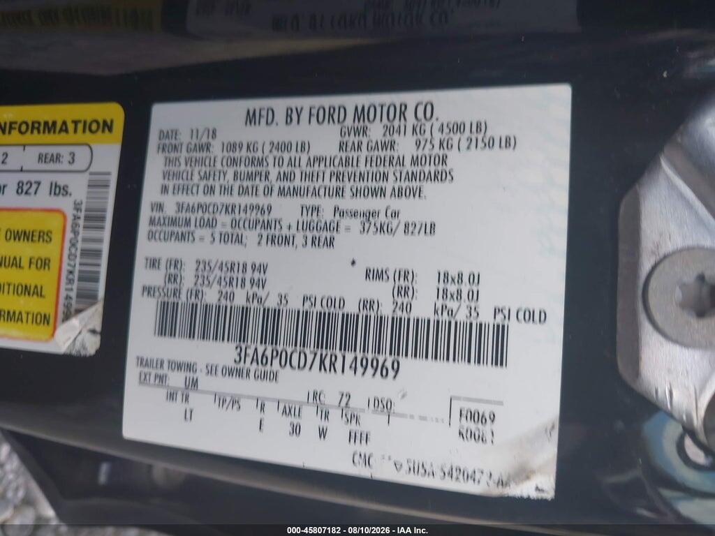 3FA6P0CD7KR149969 2019 FORD FUSION photo no. 9
