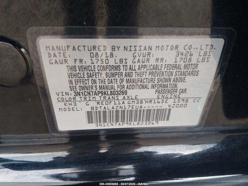 3N1CN7AP9KL803269 2019 NISSAN VERSA photo no. 9
