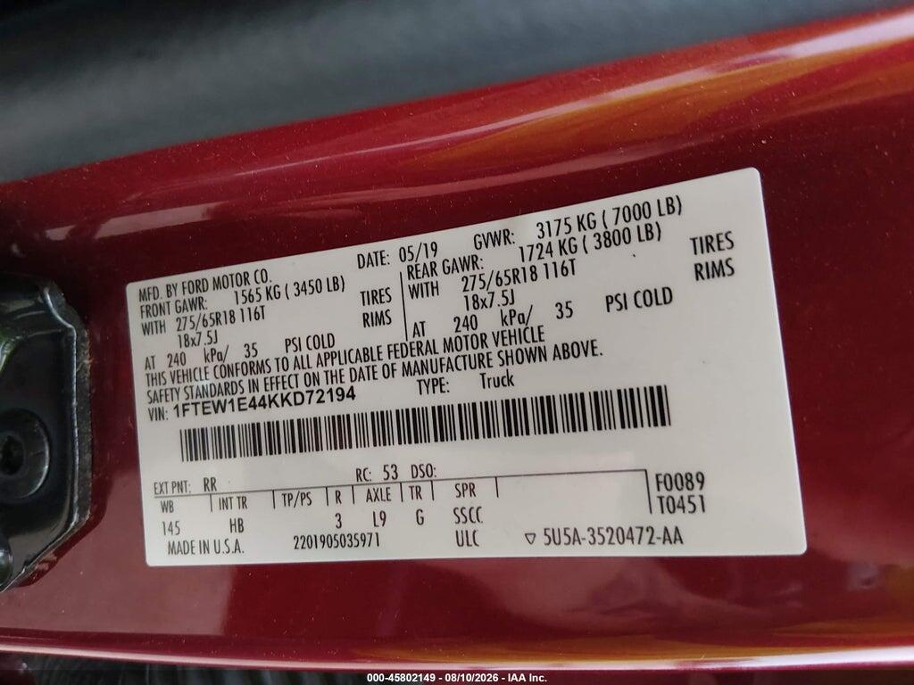 1FTEW1E44KKD72194 2019 FORD F-150 photo no. 9