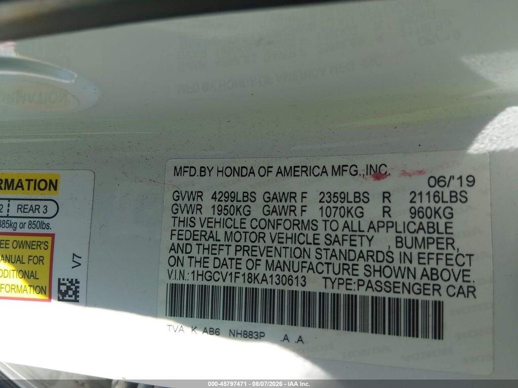 1HGCV1F18KA130613 2019 HONDA ACCORD photo no. 9