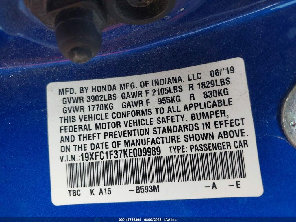 19XFC1F37KE009989 2019 HONDA CIVIC photo no. 9