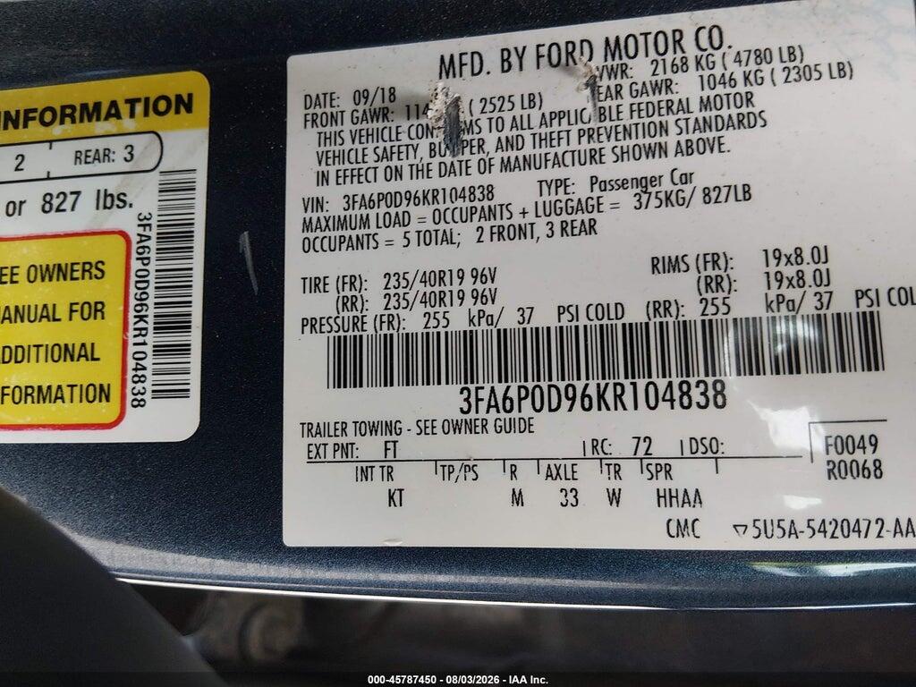 3FA6P0D96KR104838 2019 FORD FUSION photo no. 9