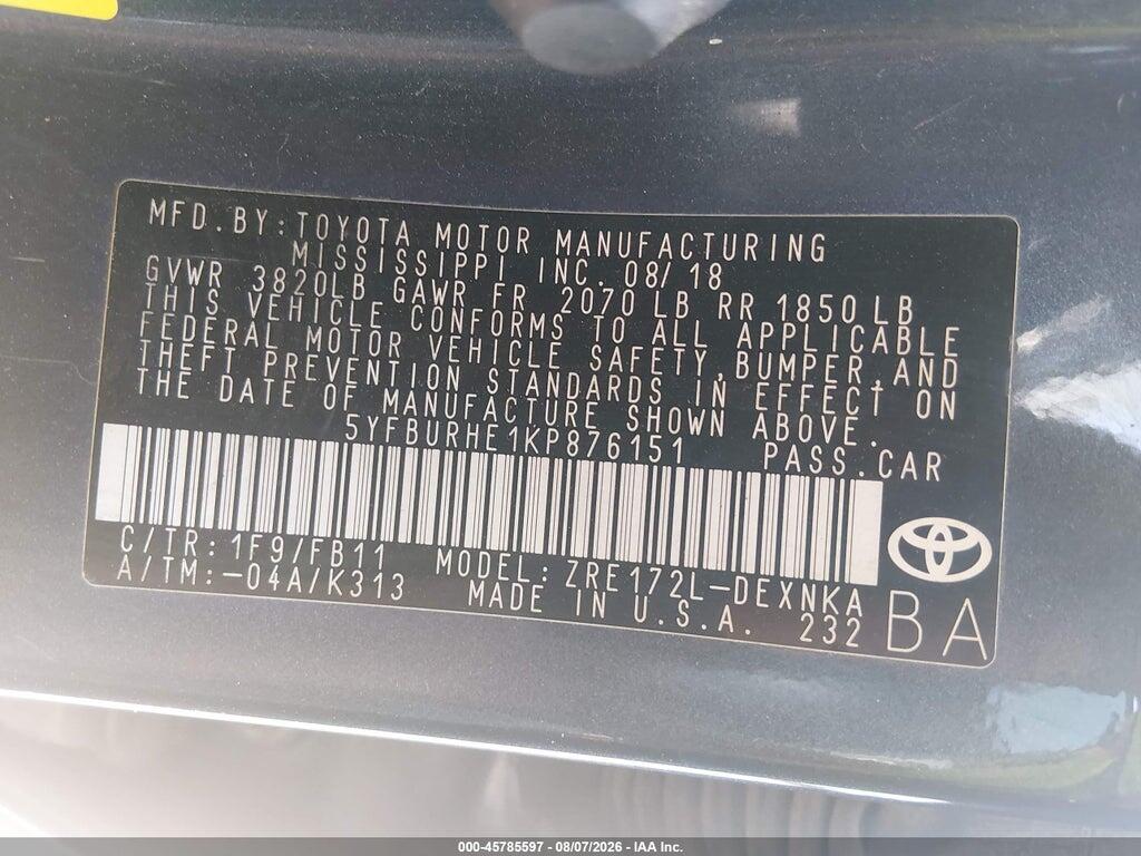 5YFBURHE1KP876151 2019 TOYOTA COROLLA photo no. 9