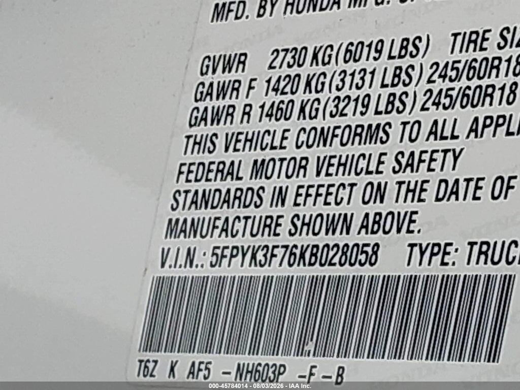 5FPYK3F76KB028058 2019 HONDA RIDGELINE photo no. 9