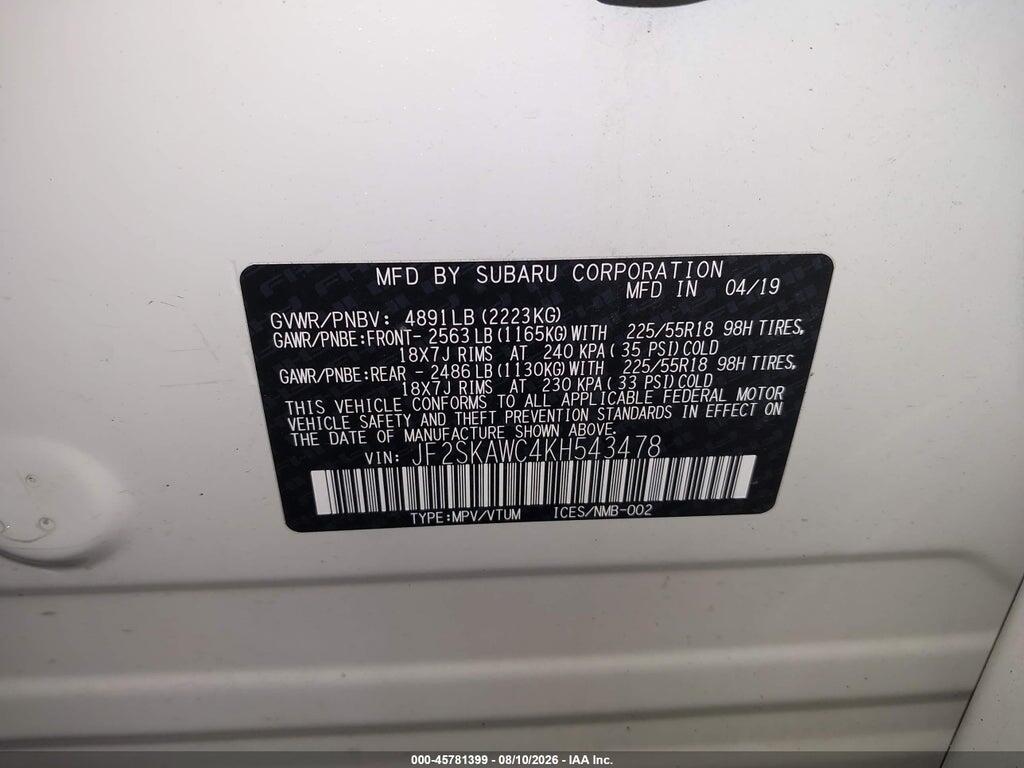 JF2SKAWC4KH543478 2019 SUBARU FORESTER photo no. 9