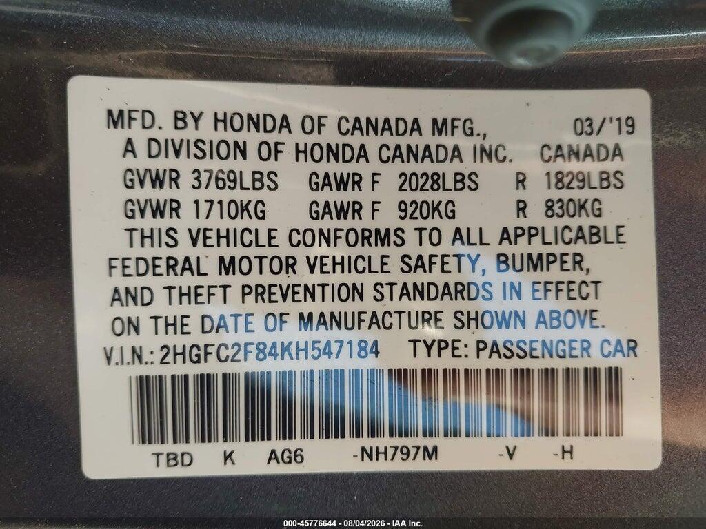 2HGFC2F84KH547184 2019 HONDA CIVIC photo no. 9