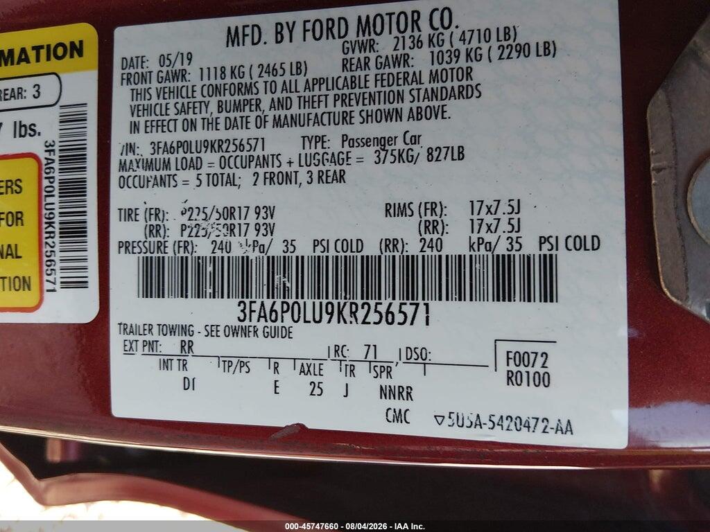 3FA6P0LU9KR256571 2019 FORD FUSION HYBRID photo no. 9