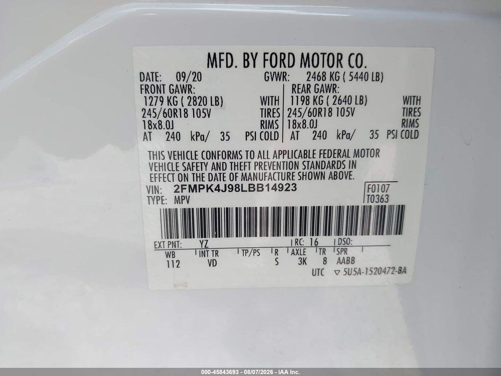 2FMPK4J98LBB14923 2020 FORD EDGE photo no. 9
