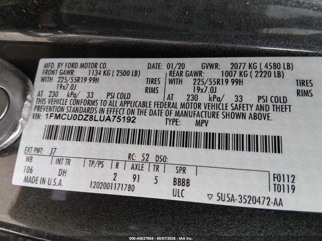 1FMCU0DZ8LUA75192 2020 FORD ESCAPE photo no. 9