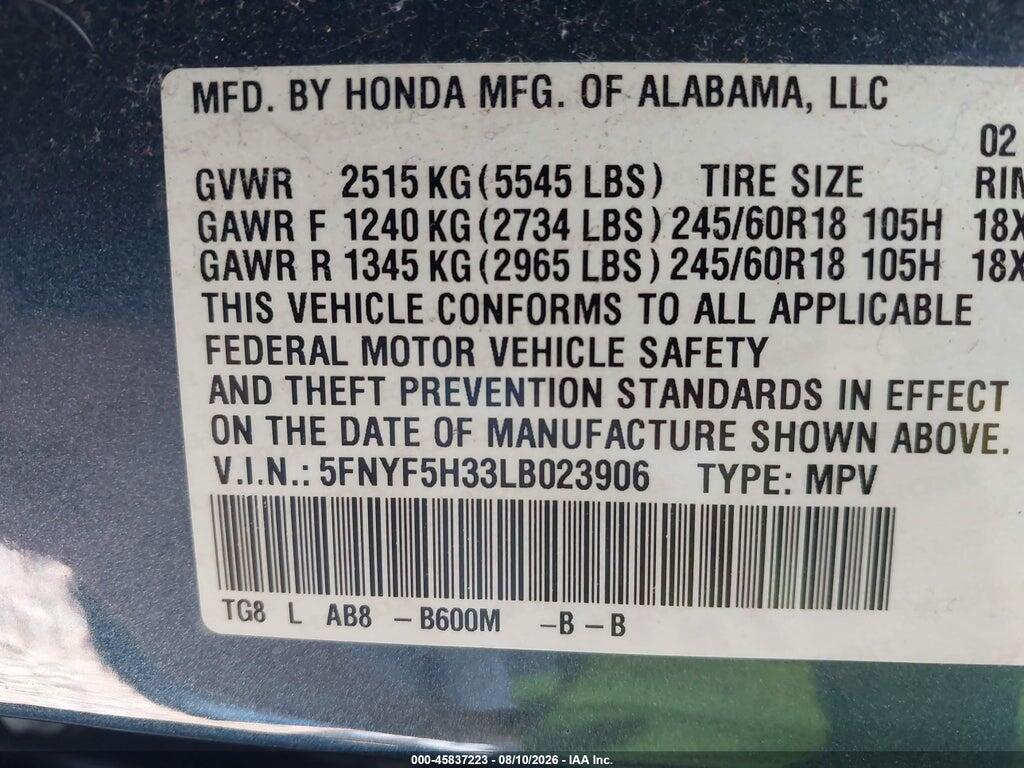5FNYF5H33LB023906 2020 HONDA PILOT photo no. 9