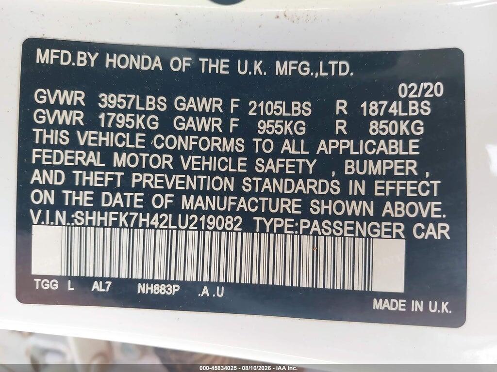 SHHFK7H42LU219082 2020 HONDA CIVIC photo no. 9