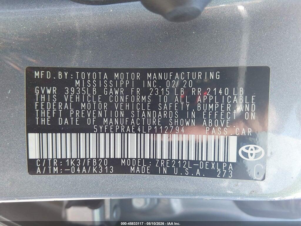 5YFEPRAE4LP112794 2020 TOYOTA COROLLA photo no. 9