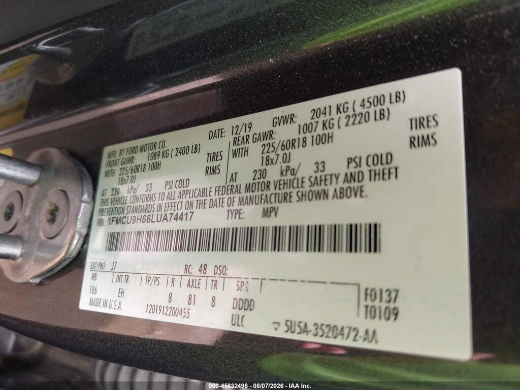 1FMCU9H66LUA74417 2020 FORD ESCAPE photo no. 9