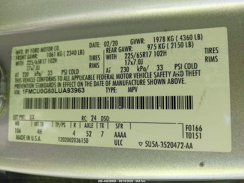 1FMCU0G60LUA93963 2020 FORD ESCAPE photo no. 9