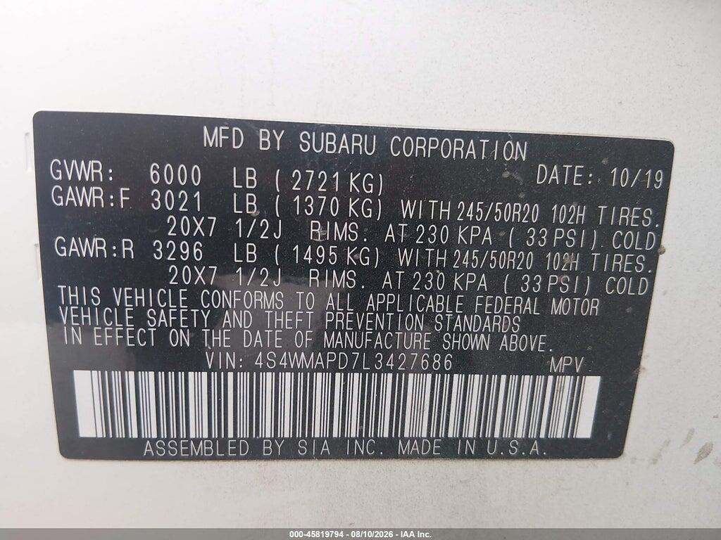 4S4WMAPD7L3427686 2020 SUBARU ASCENT photo no. 9