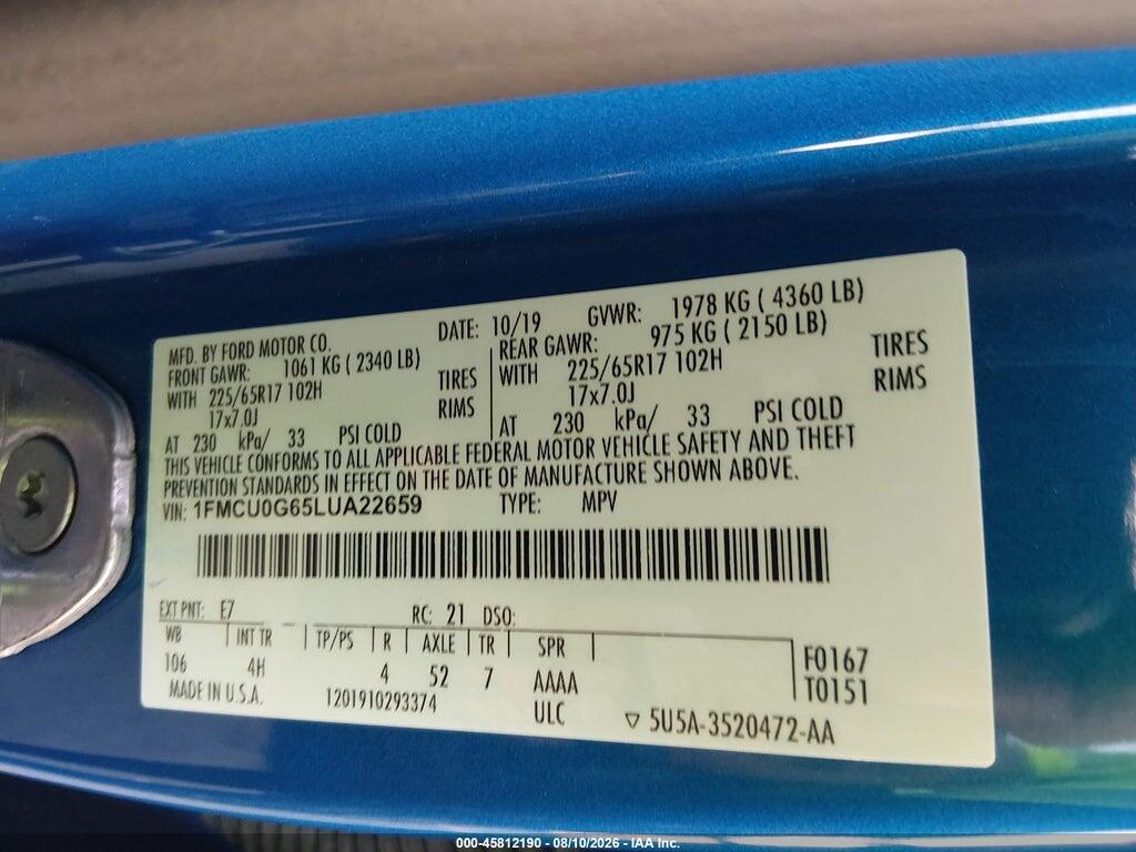 1FMCU0G65LUA22659 2020 FORD ESCAPE photo no. 9