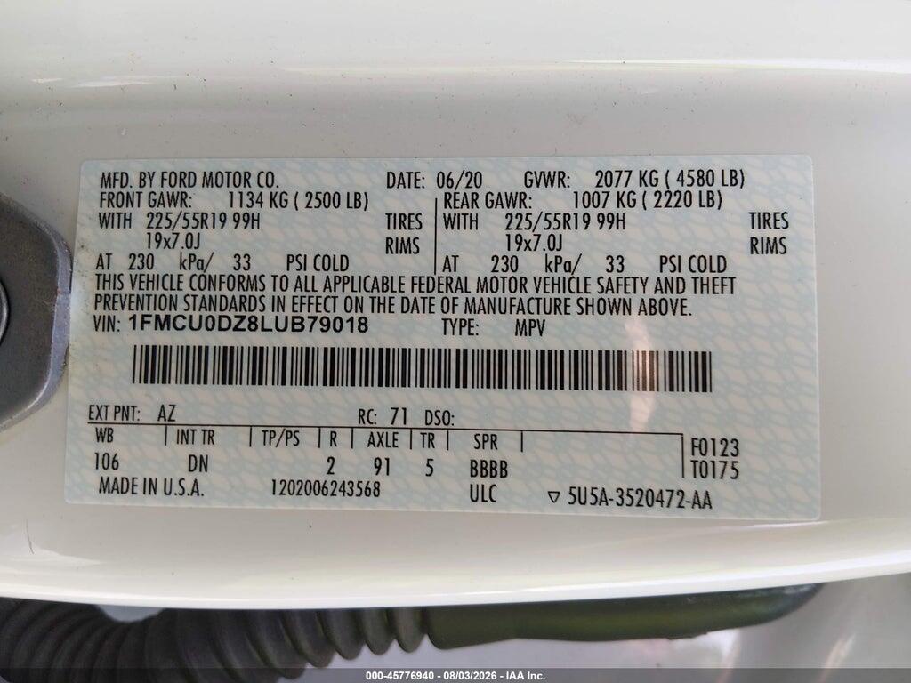 1FMCU0DZ8LUB79018 2020 FORD ESCAPE photo no. 9