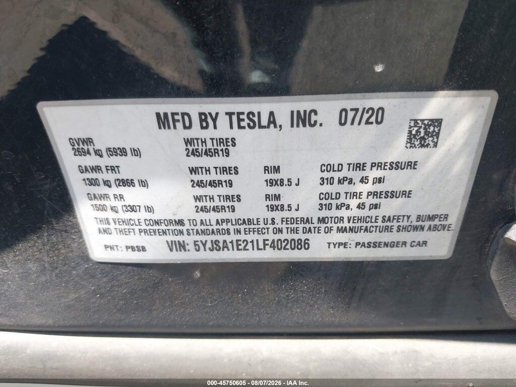 5YJSA1E21LF402086 2020 TESLA MODEL S photo no. 9