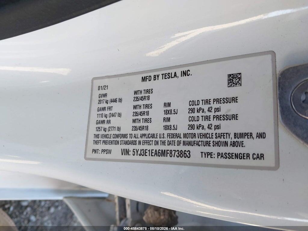 5YJ3E1EA6MF873863 2021 TESLA MODEL 3 photo no. 9