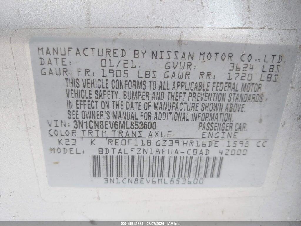 3N1CN8EV6ML853600 2021 NISSAN VERSA photo no. 9