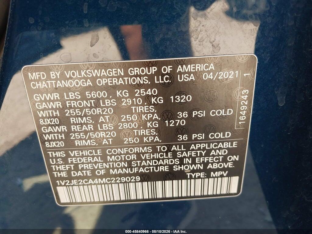 1V2JE2CA4MC229029 2021 VOLKSWAGEN ATLAS CROSS SPORT photo no. 9