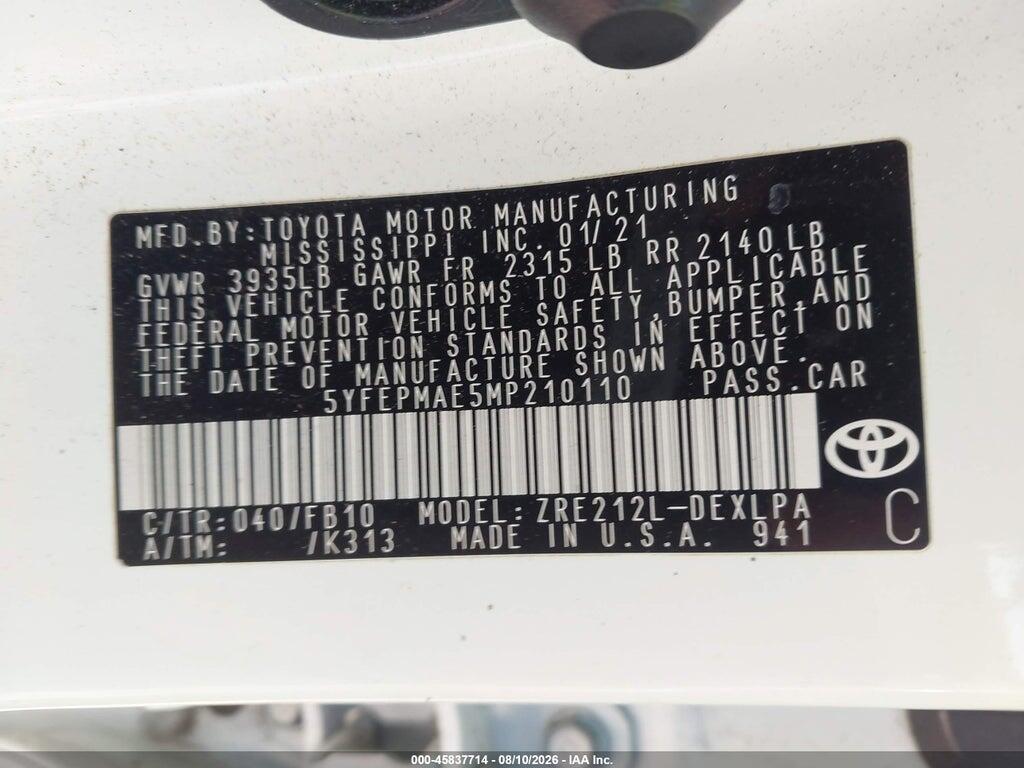 5YFEPMAE5MP210110 2021 TOYOTA COROLLA photo no. 9